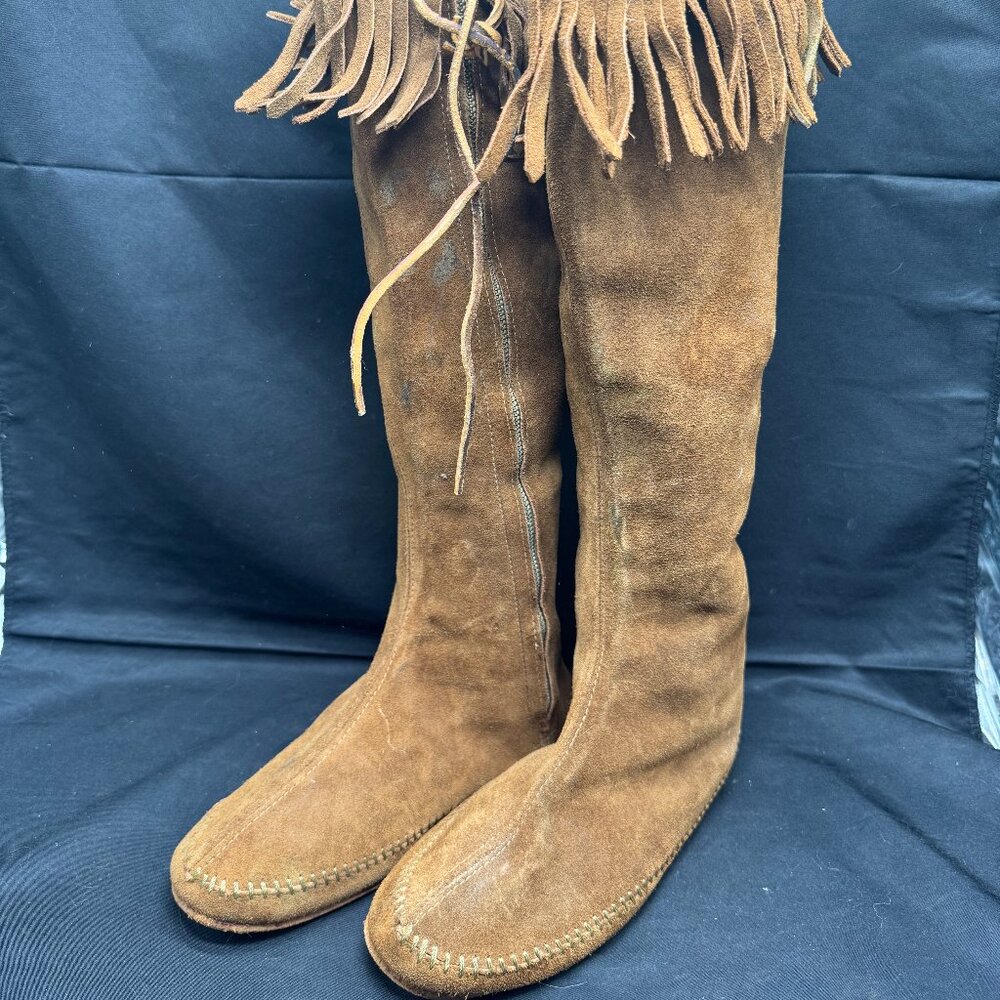 Vintage Minnetonka Women's Size 7 Brown Suede Side Zip-Up Fringe Knee High Boots